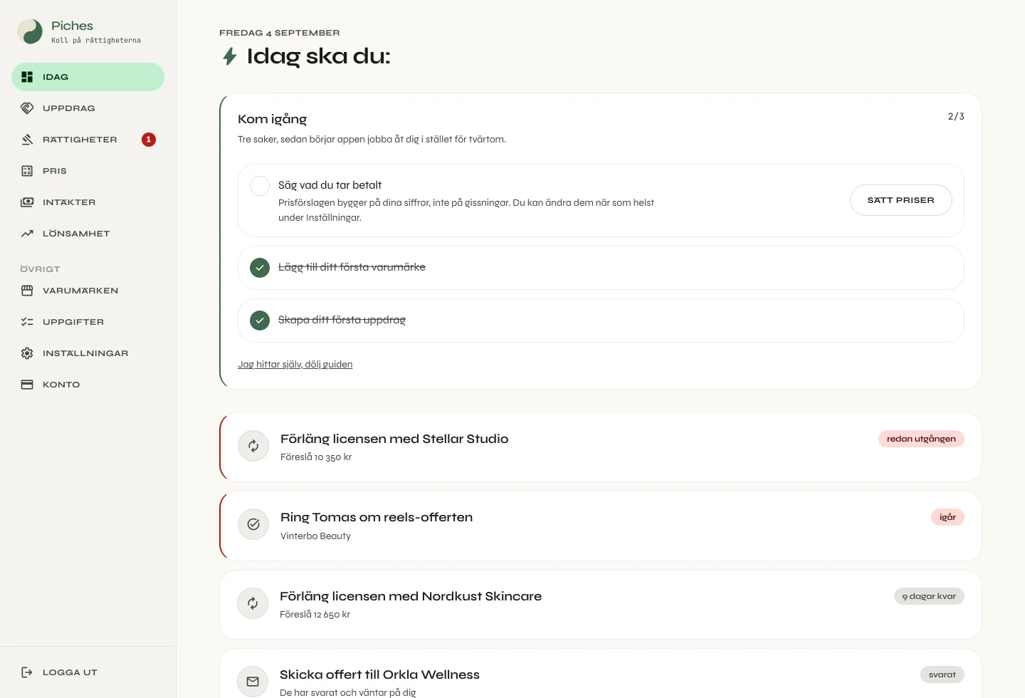 Startsidan i Piches med en lista över vad som behöver göras idag, bland annat två förlängningar och en offert som väntar.